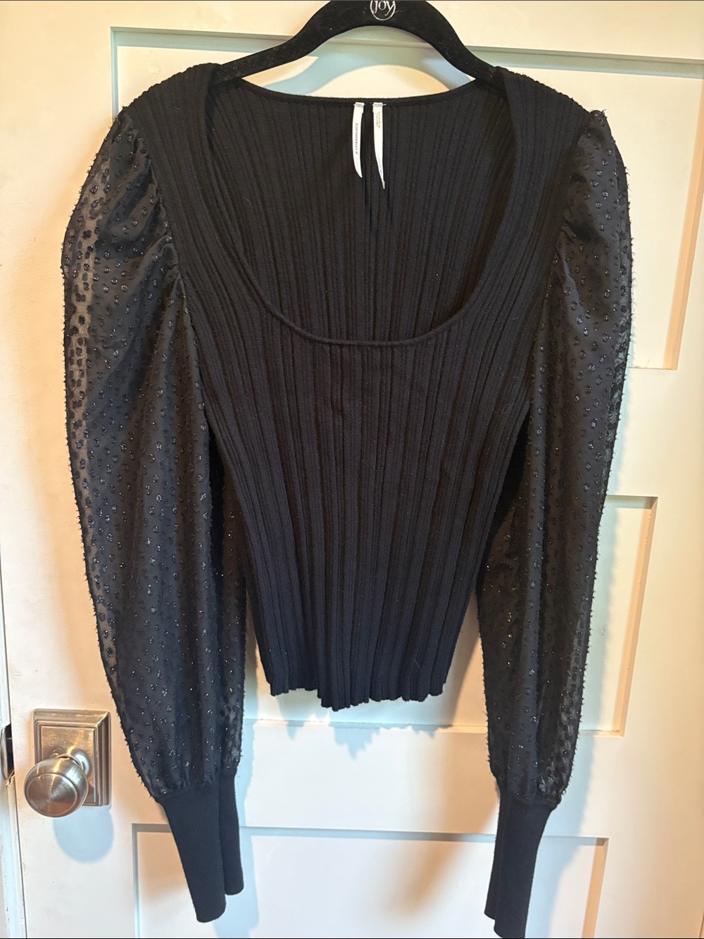 Anthropologie Black Ribbed Sweater with Sheer Puff Dot Sleeves